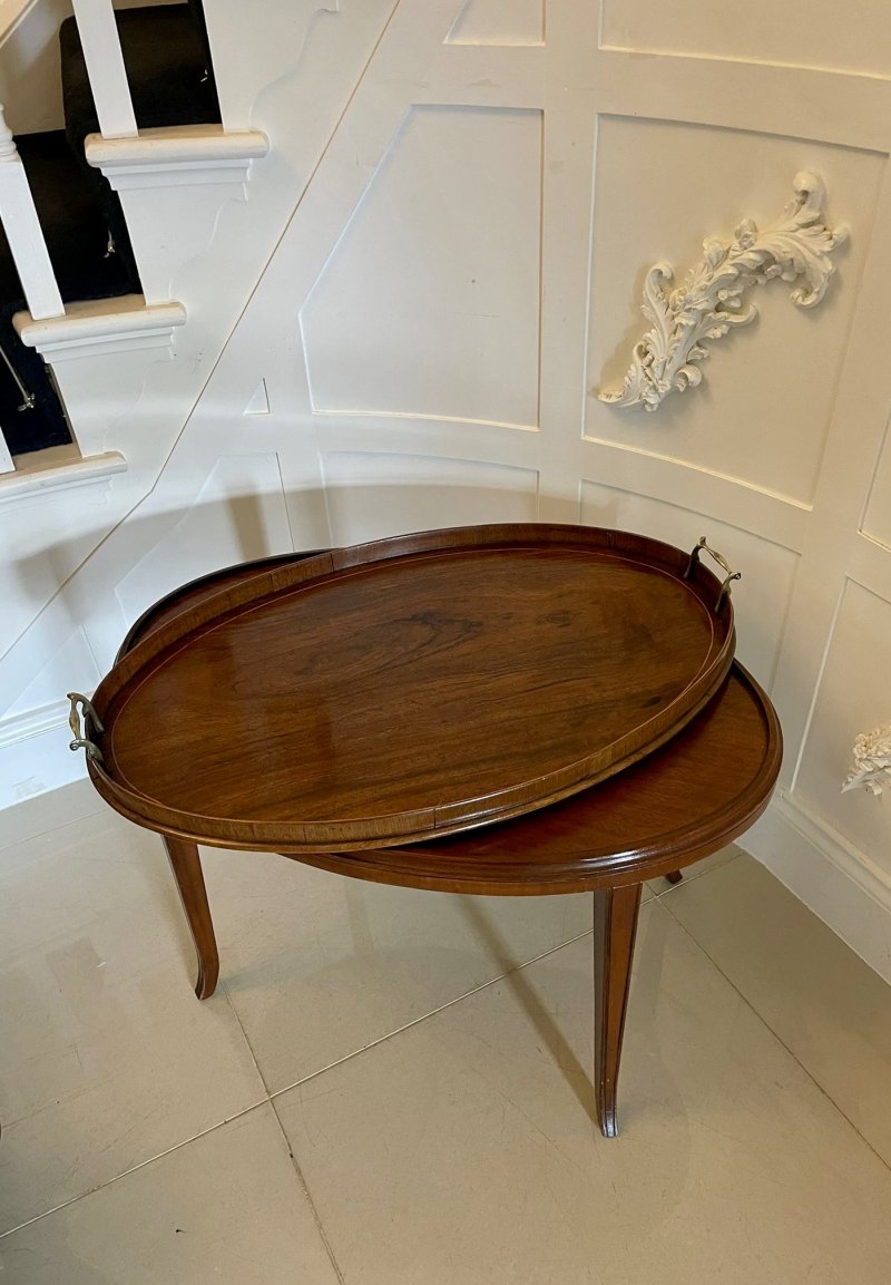 Large Antique Edwardian Oval Quality Figured Mahogany Tea Tray on Stand - Image 6